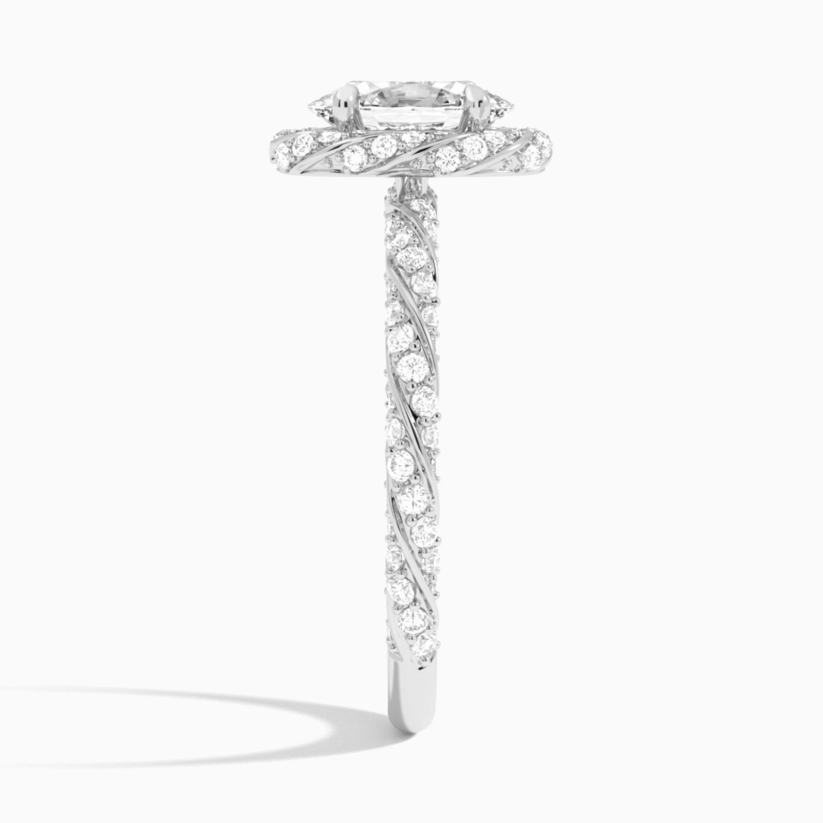 Oval Luxe Twisted Shank Halo Lab Diamond Engagement Ring In Platinum, Side View