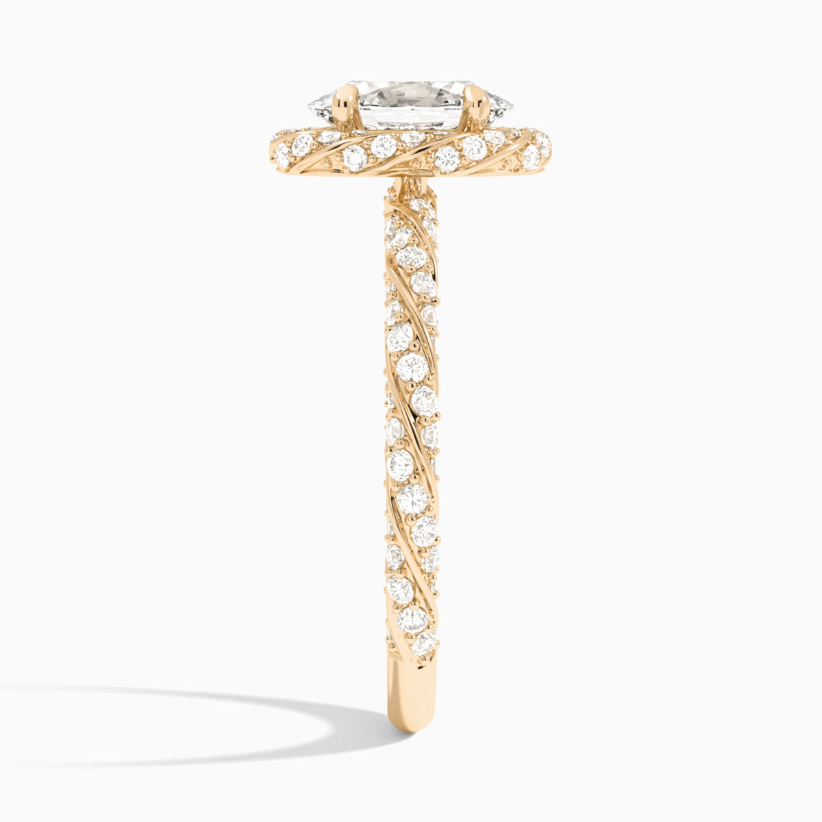 Oval Luxe Twisted Shank Halo Lab Diamond Engagement Ring In 14K Rose Gold, Side View
