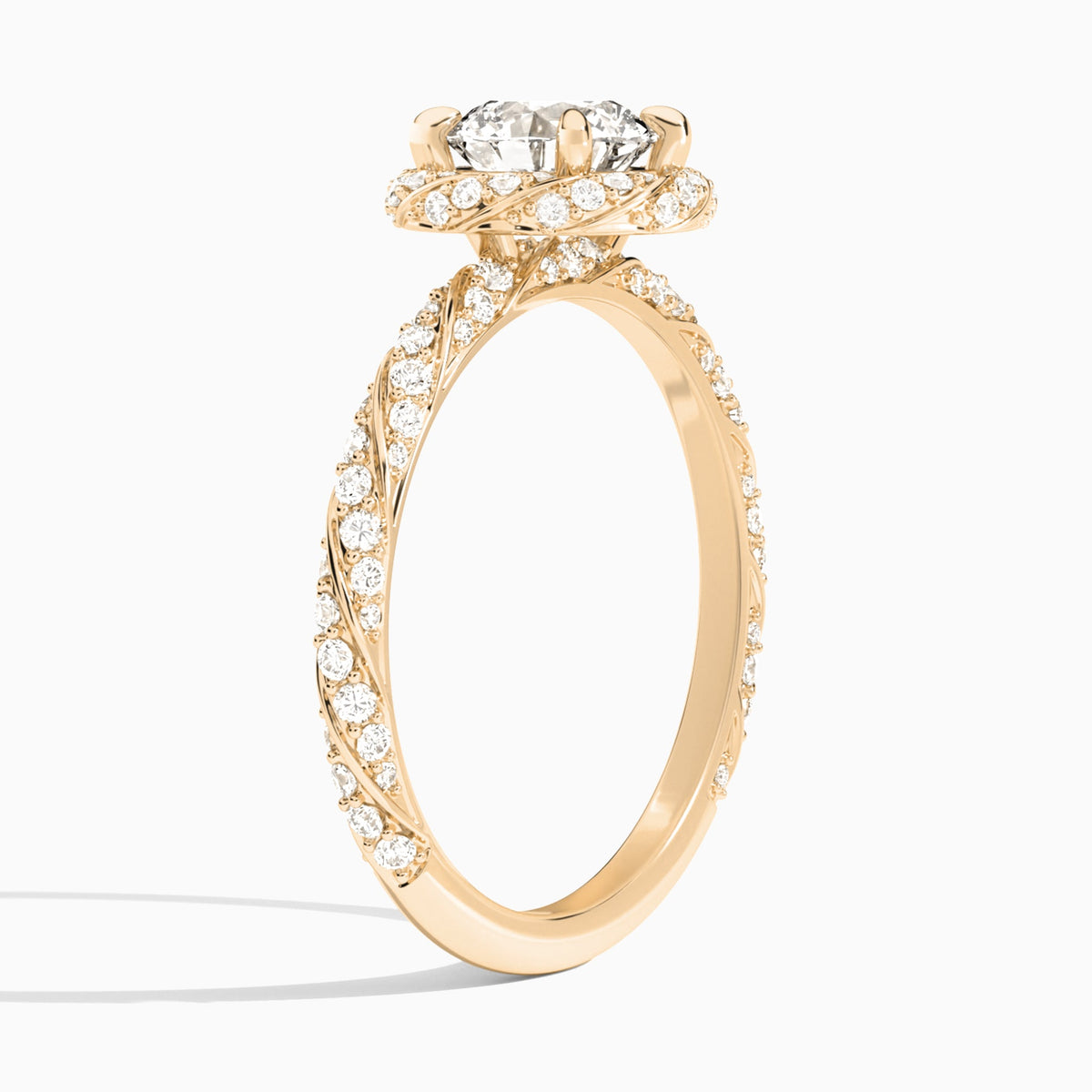 Round Luxe Twisted Shank Halo Lab Diamond Engagement Ring In 14K Rose Gold, Angle View