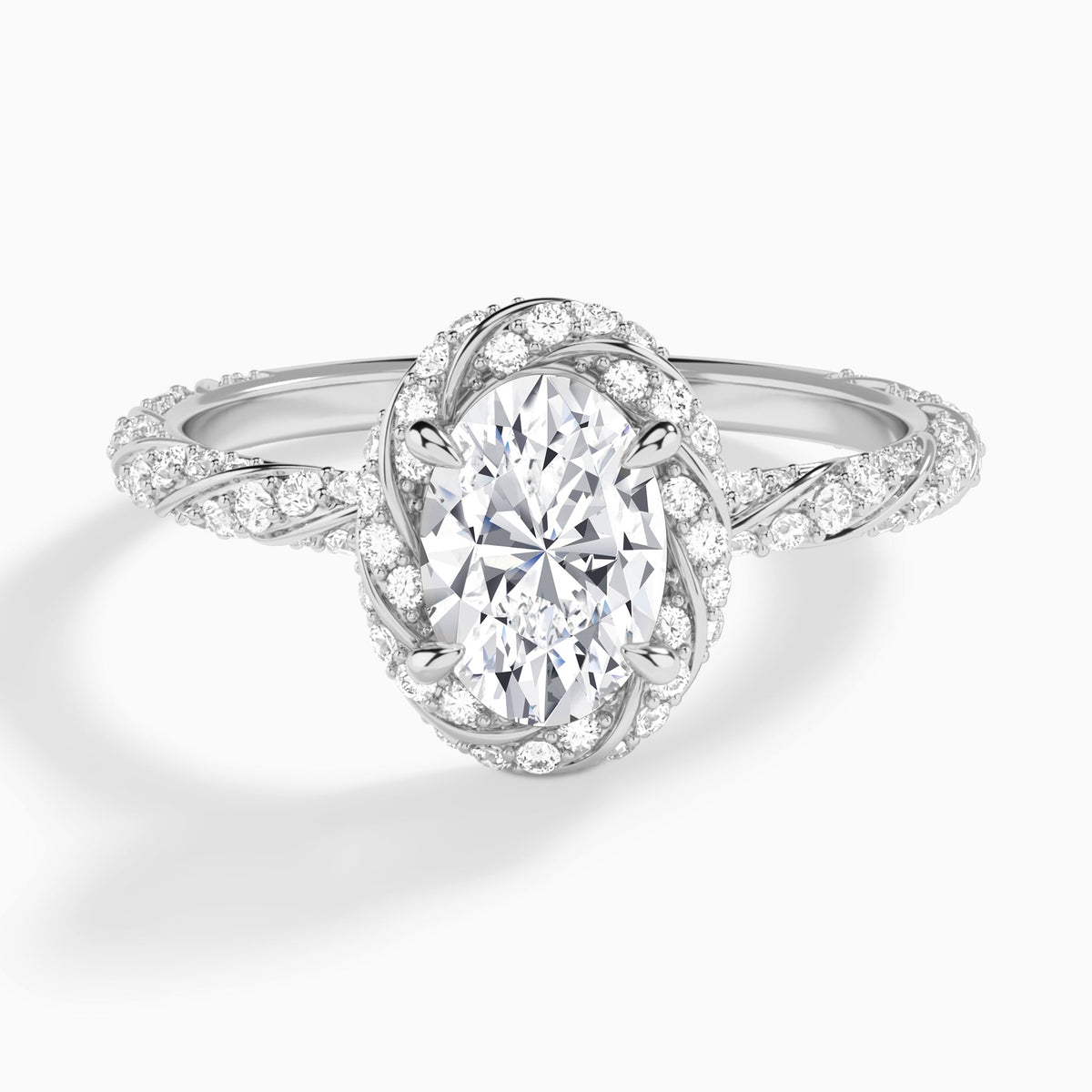 Oval Luxe Twisted Shank Halo Lab Diamond Engagement Ring In 18K White Gold - Lucenjuri