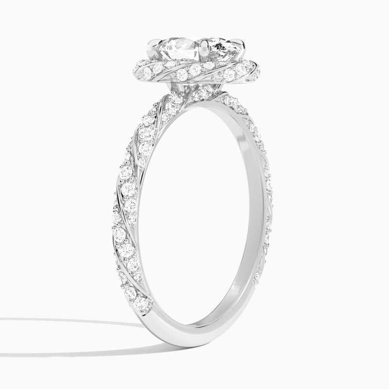 Oval Luxe Twisted Shank Halo Lab Diamond Engagement Ring In 18K White Gold, Angle View