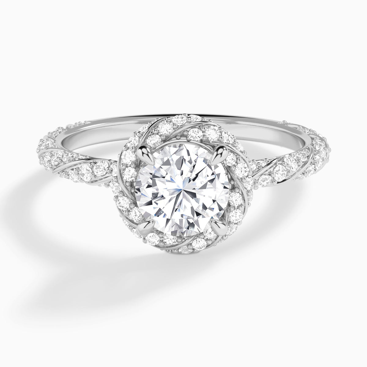 Round Luxe Twisted Shank Halo Lab Diamond Engagement Ring In 14K White Gold - Lucenjuri