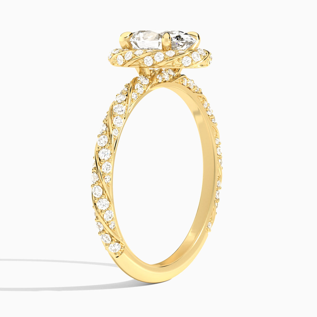 Oval Luxe Twisted Shank Halo Lab Diamond Engagement Ring In 18K Yellow Gold, Angle View