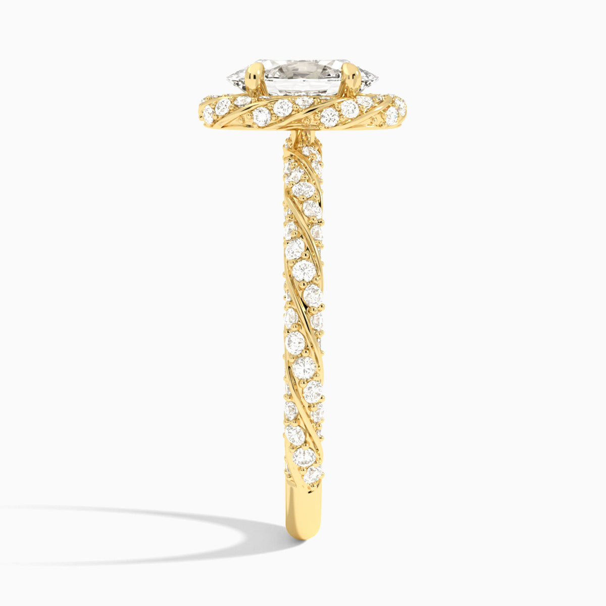 Oval Luxe Twisted Shank Halo Lab Diamond Engagement Ring In 18K Yellow Gold, Side View