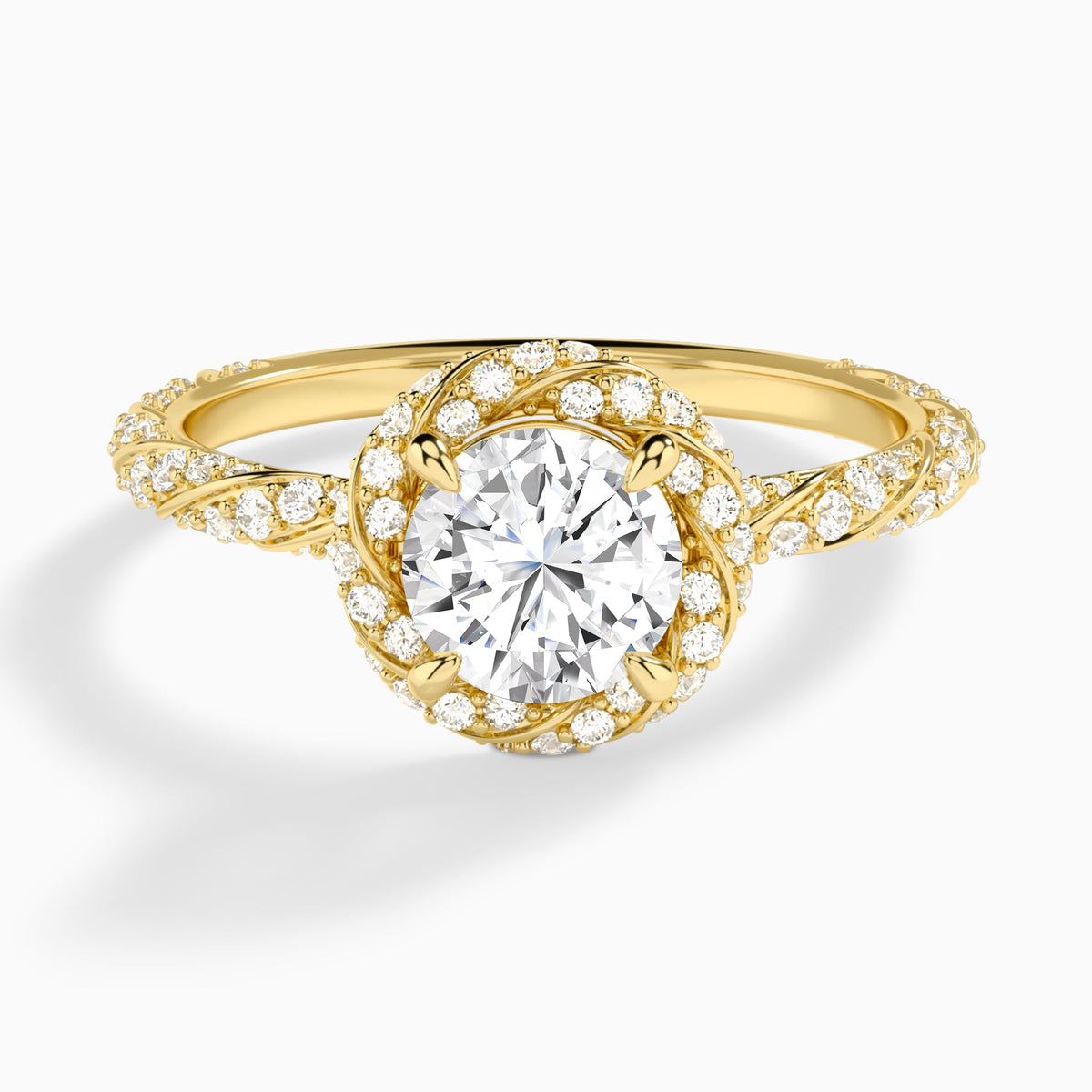 Round Luxe Twisted Shank Halo Lab Diamond Engagement Ring In 18K Yellow Gold - Lucenjuri