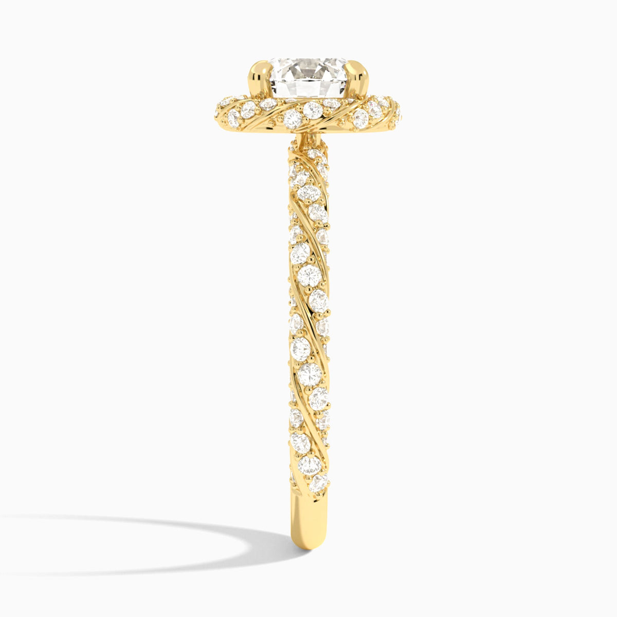 Round Luxe Twisted Shank Halo Lab Diamond Engagement Ring In 18K Yellow Gold, Side View