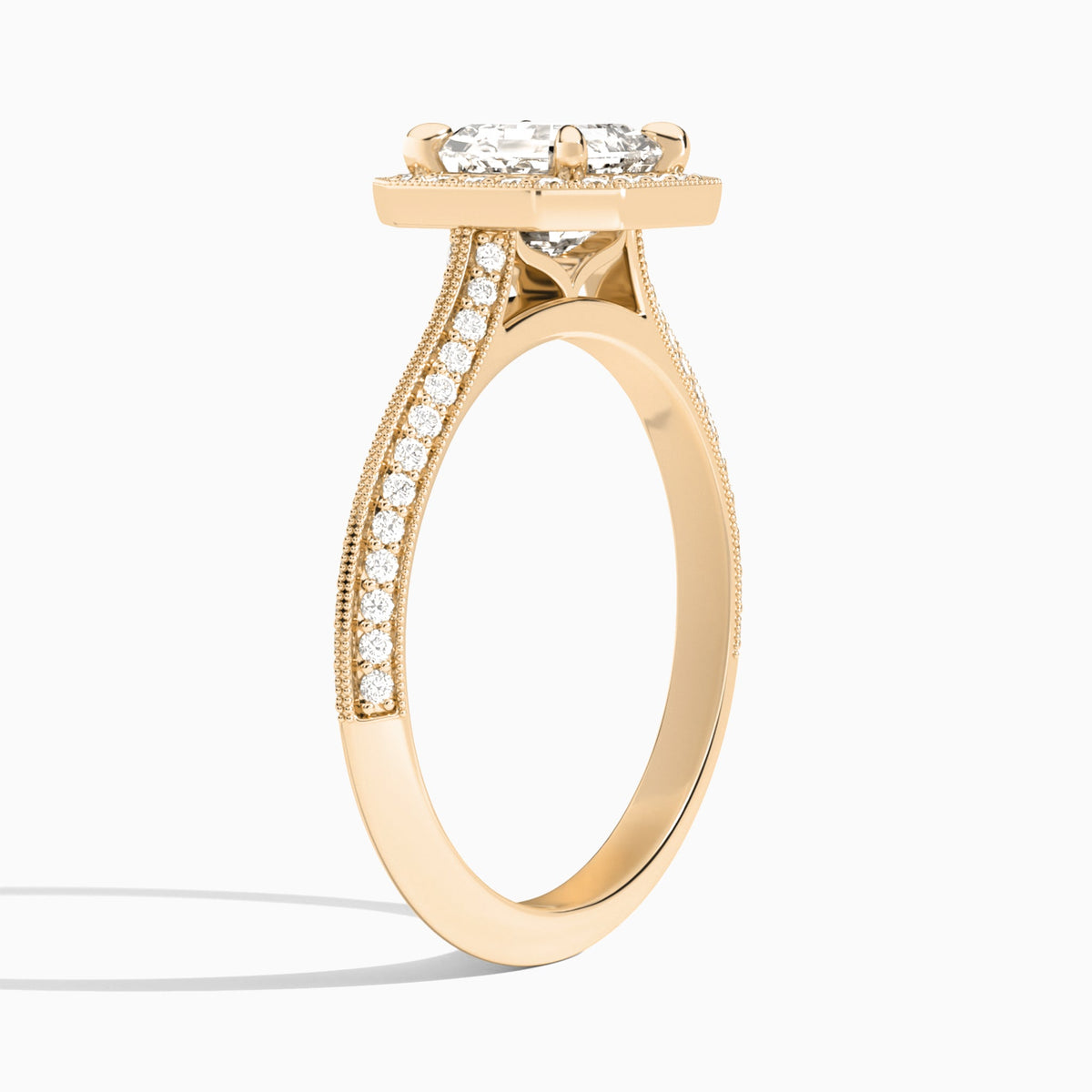 Asscher Luxe Octagon Knife Edge Halo Lab Diamond Engagement Ring In 14K Rose Gold, Angle View