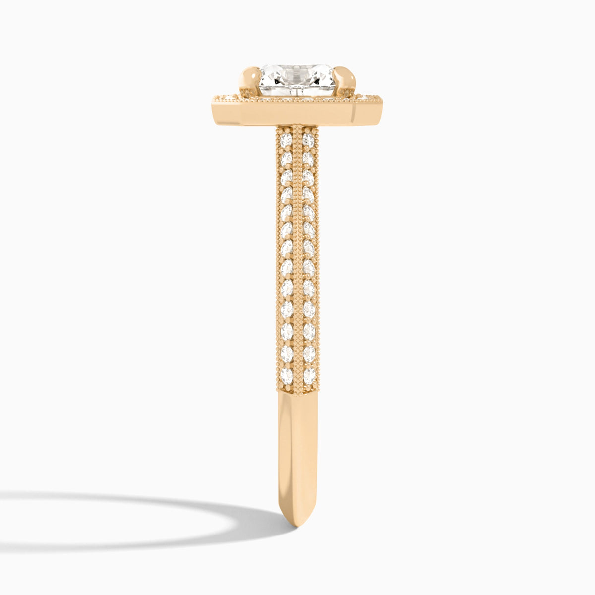 Cushion Luxe Octagon Knife Edge Halo Lab Diamond Engagement Ring In 14K Rose Gold, Side View