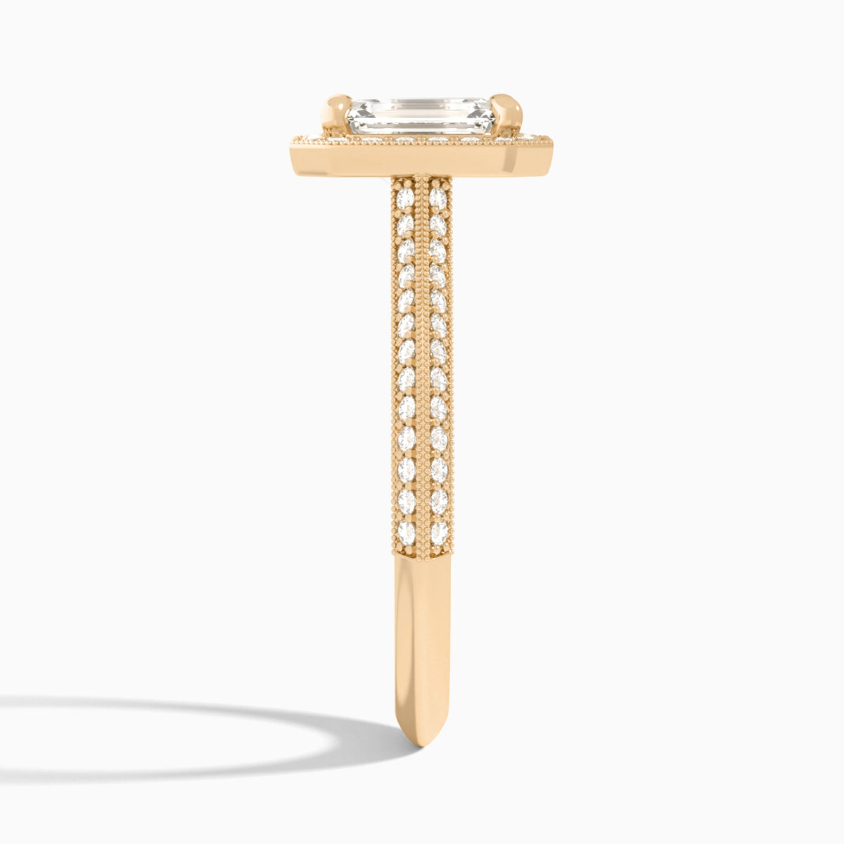 Emerald Luxe Octagon Knife Edge Halo Lab Diamond Engagement Ring In 14K Rose Gold, Side View