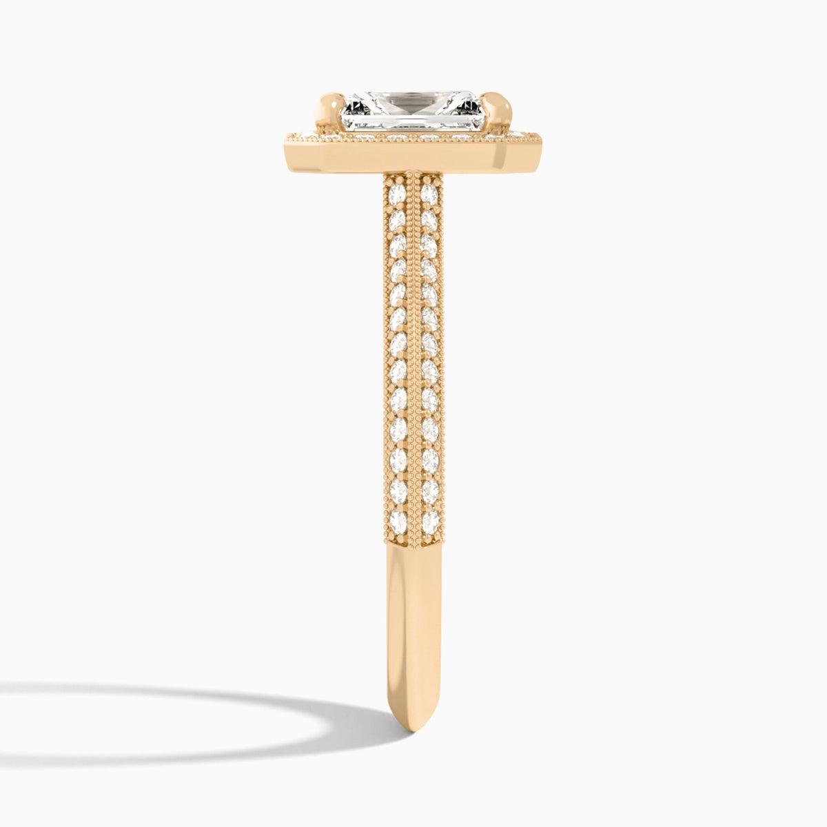 Radiant Luxe Octagon Knife Edge Halo Lab Diamond Engagement Ring In 14K Rose Gold, Side View