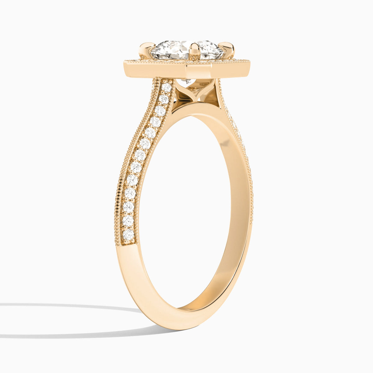 Round Luxe Octagon Knife Edge Halo Lab Diamond Engagement Ring In 14K Rose Gold, Angle View