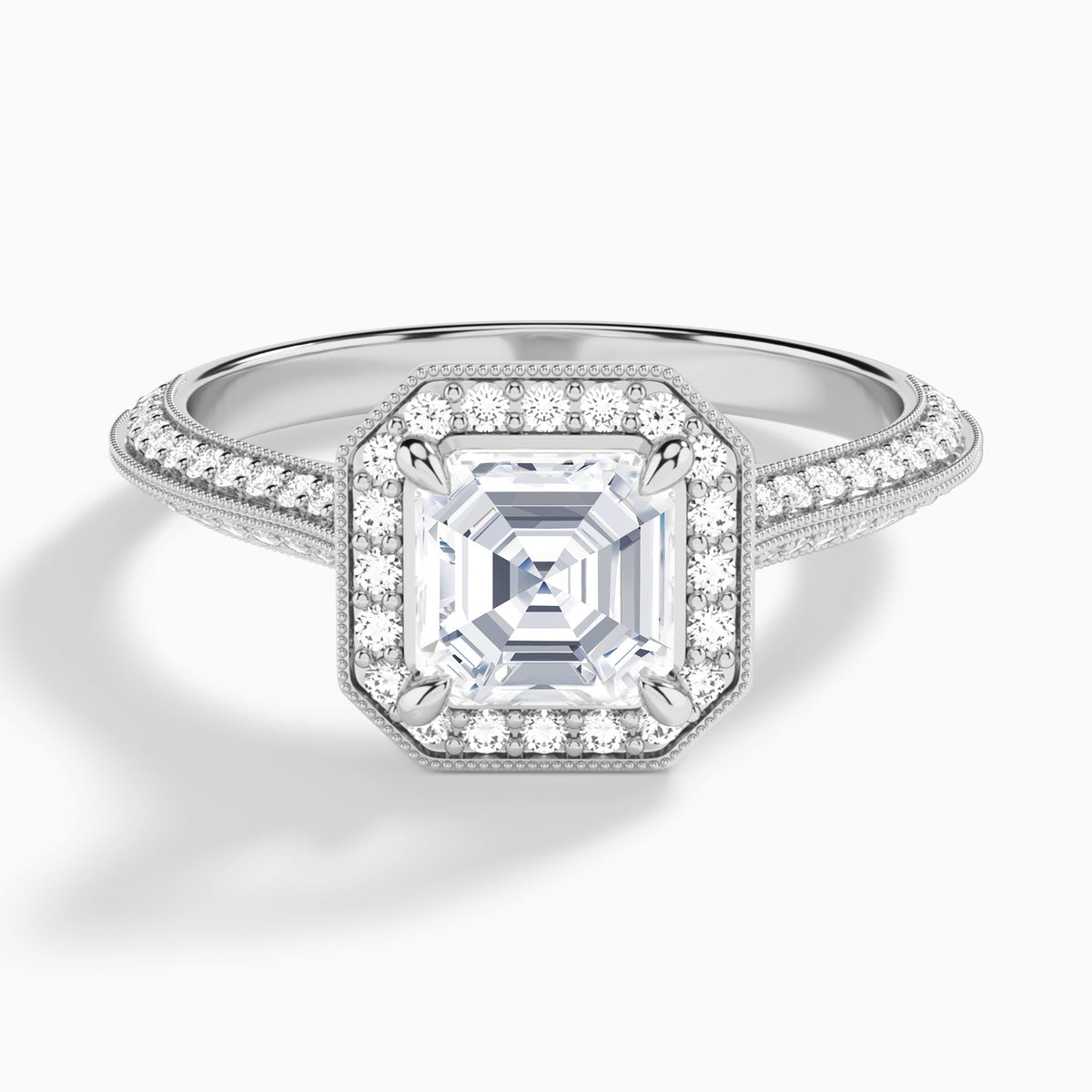Asscher Luxe Octagon Knife Edge Halo Lab Diamond Engagement Ring In 14K White Gold - Lucenjuri