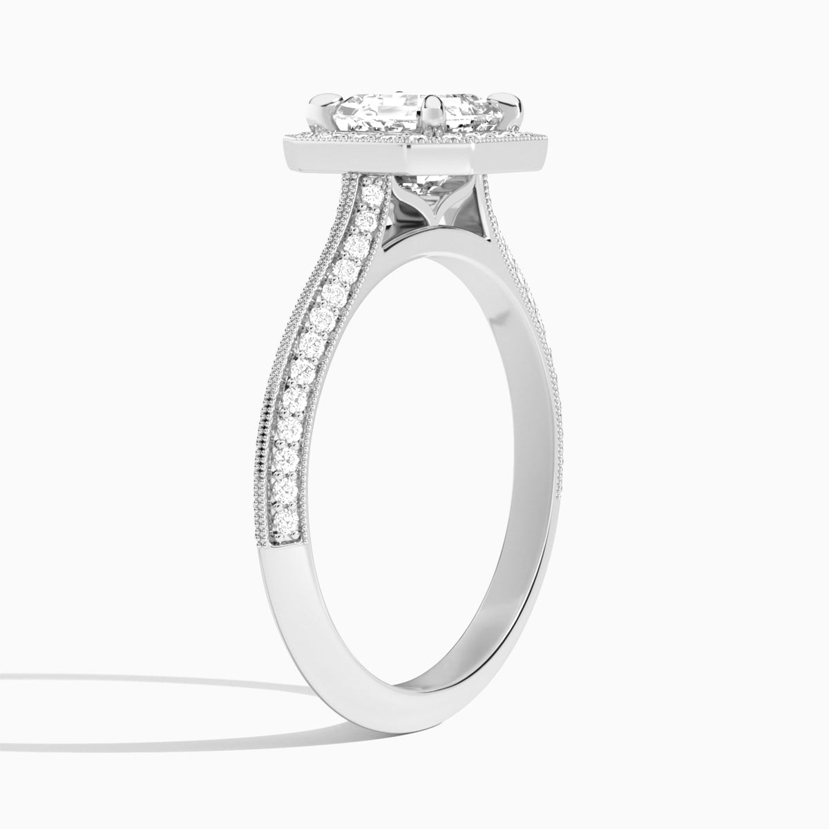 Asscher Luxe Octagon Knife Edge Halo Lab Diamond Engagement Ring In 14K White Gold, Angle View