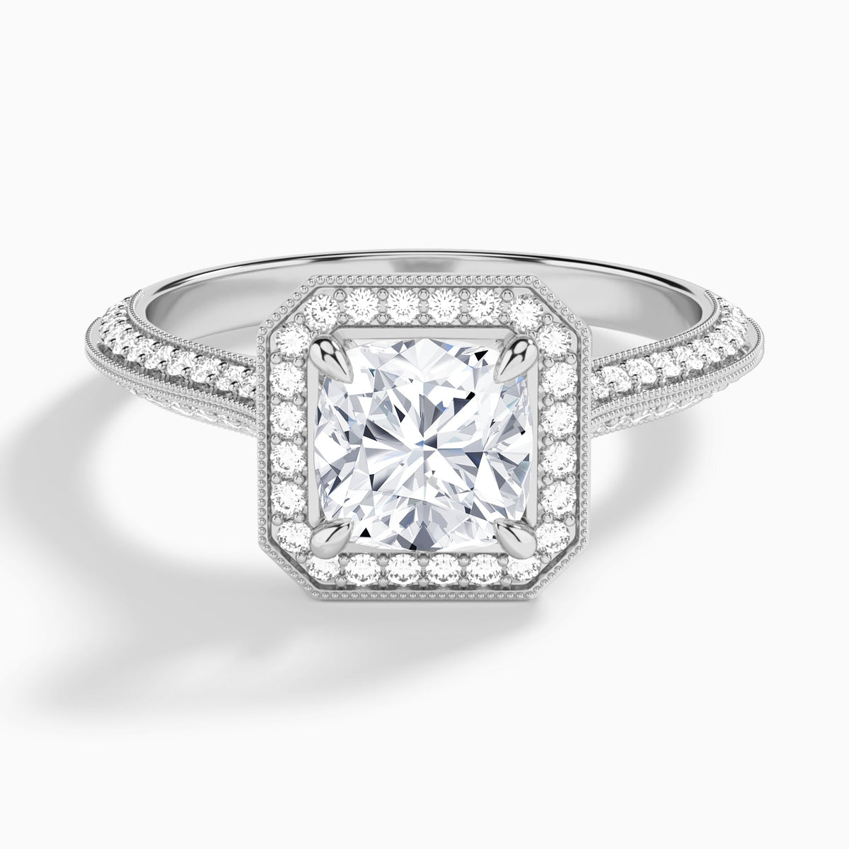 Cushion Luxe Octagon Knife Edge Halo Lab Diamond Engagement Ring In 14K White Gold - Lucenjuri