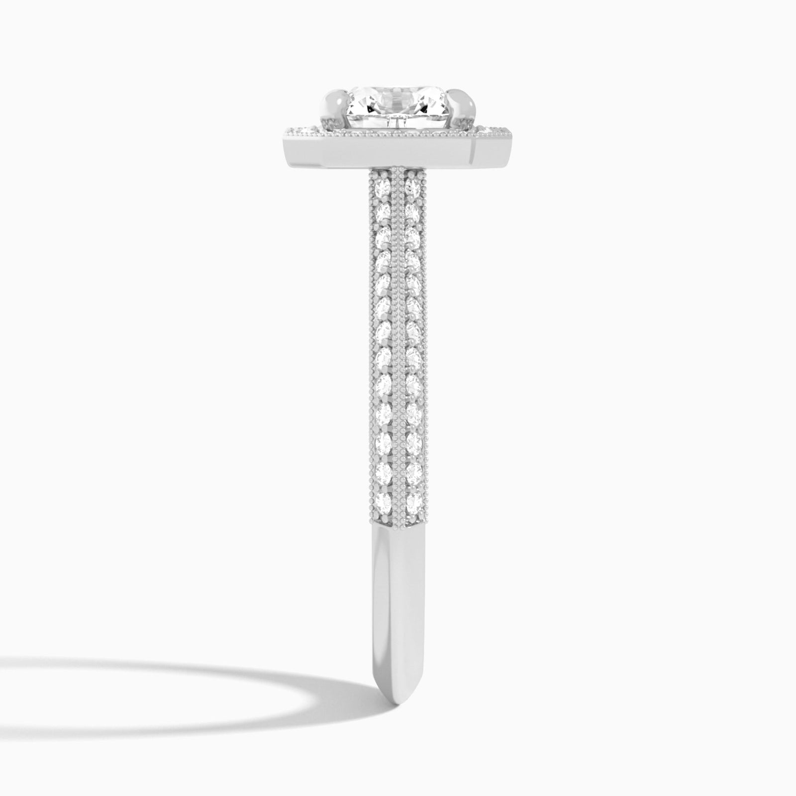 Cushion Luxe Octagon Knife Edge Halo Lab Diamond Engagement Ring In 18K White Gold, Side View