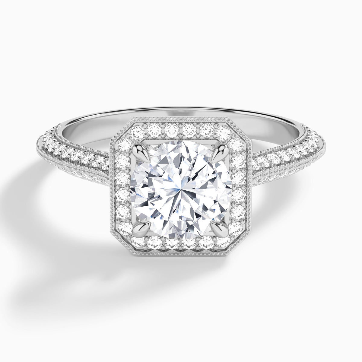 Round Luxe Octagon Knife Edge Halo Lab Diamond Engagement Ring In 14K White Gold - Lucenjuri