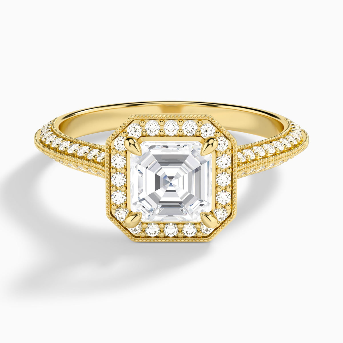 Asscher Luxe Octagon Knife Edge Halo Lab Diamond Engagement Ring In 14K Yellow Gold - Lucenjuri