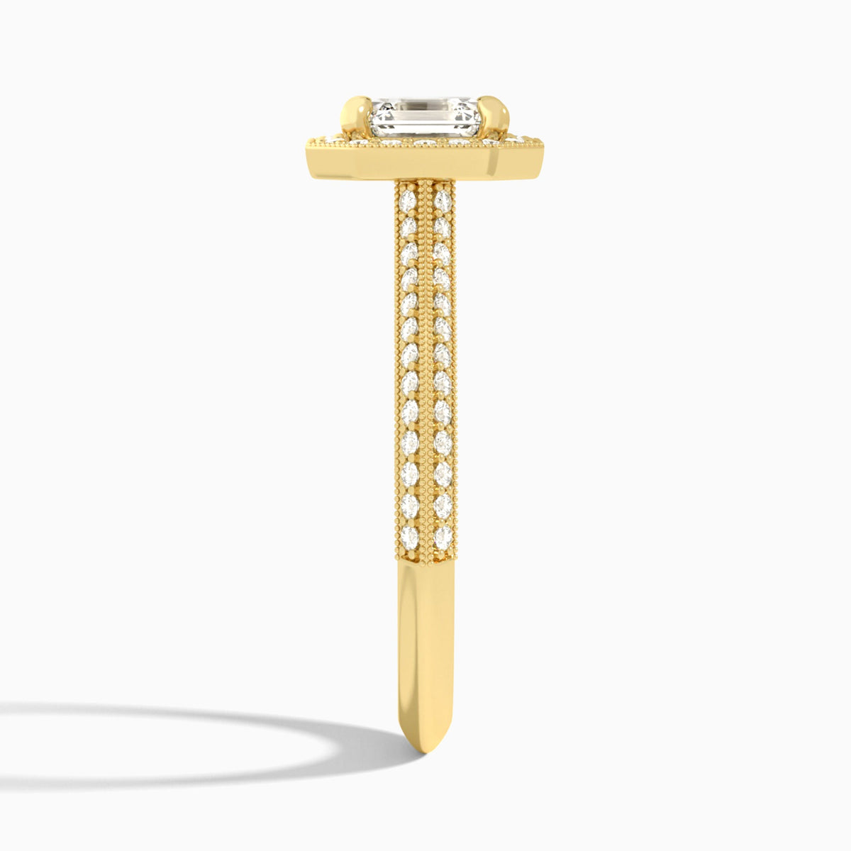 Asscher Luxe Octagon Knife Edge Halo Lab Diamond Engagement Ring In 18K Yellow Gold, Side View