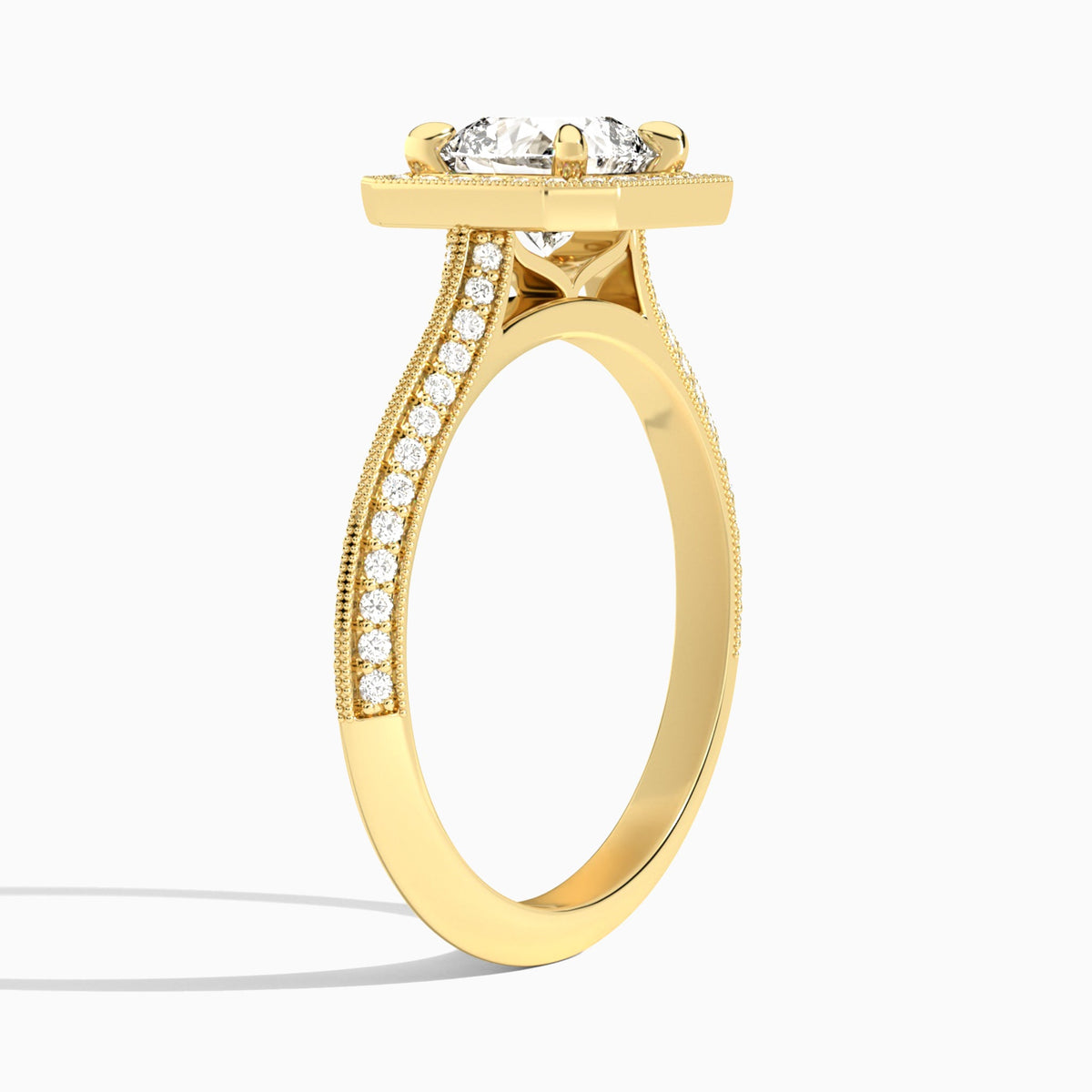 Cushion Luxe Octagon Knife Edge Halo Lab Diamond Engagement Ring In 14K Yellow Gold, Angle View