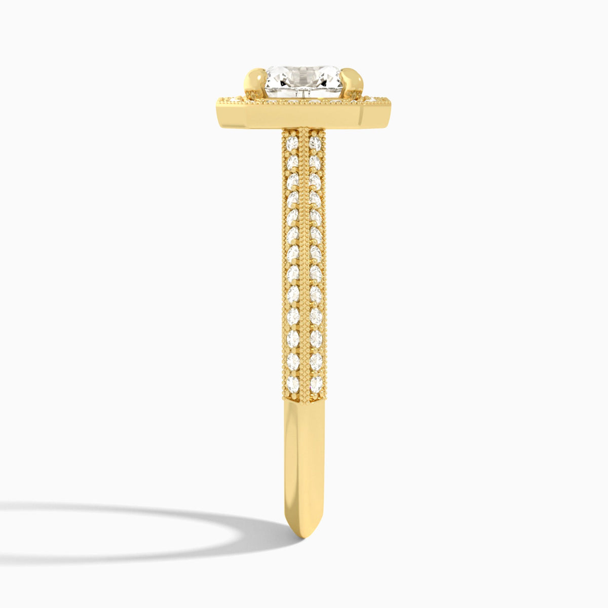 Cushion Luxe Octagon Knife Edge Halo Lab Diamond Engagement Ring In 14K Yellow Gold, Side View