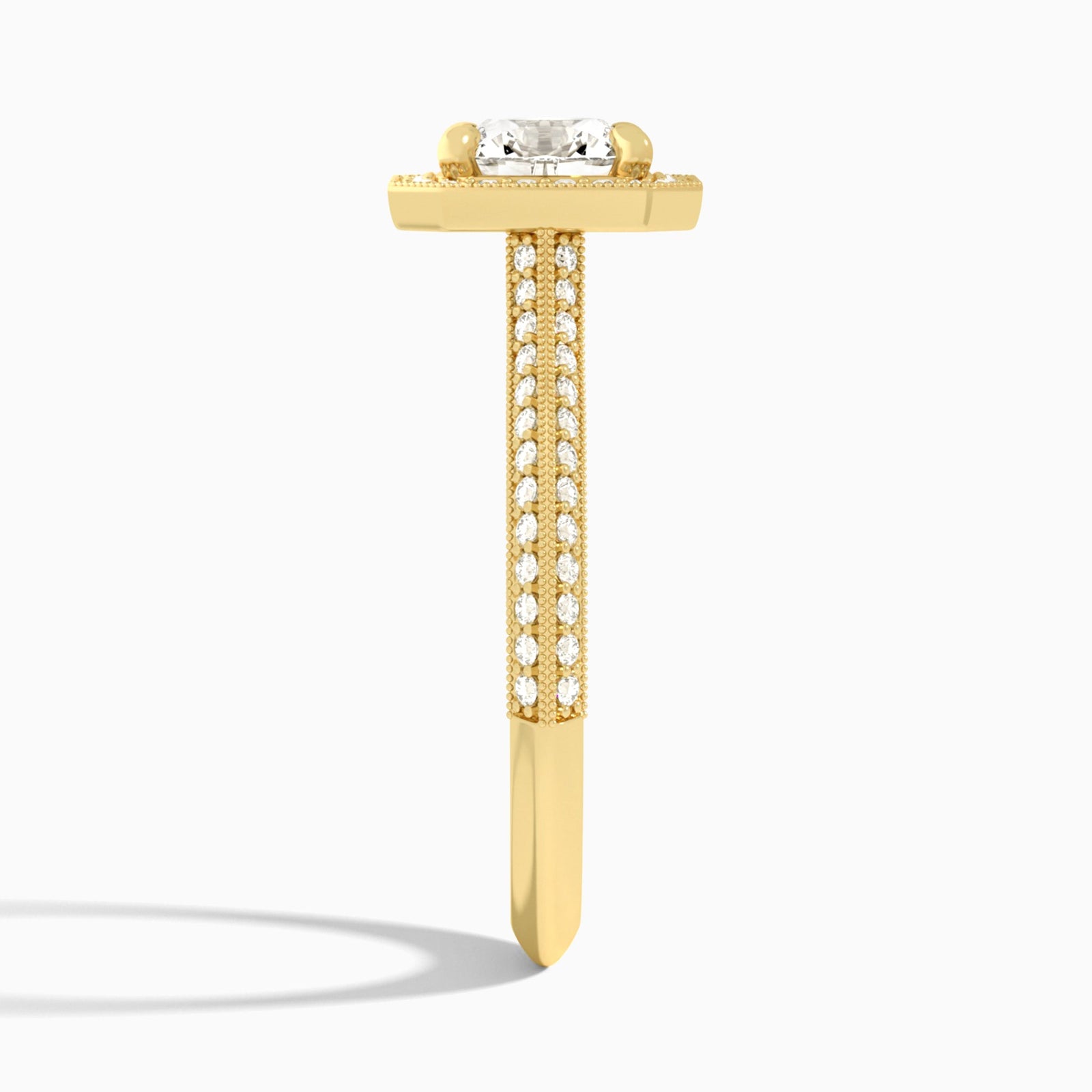 Cushion Luxe Octagon Knife Edge Halo Lab Diamond Engagement Ring In 14K Yellow Gold, Side View
