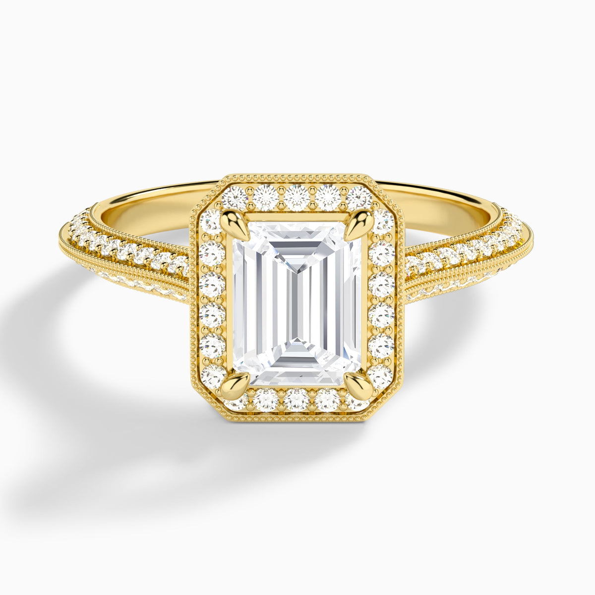Emerald Luxe Octagon Knife Edge Halo Lab Diamond Engagement Ring In 18K Yellow Gold - Lucenjuri