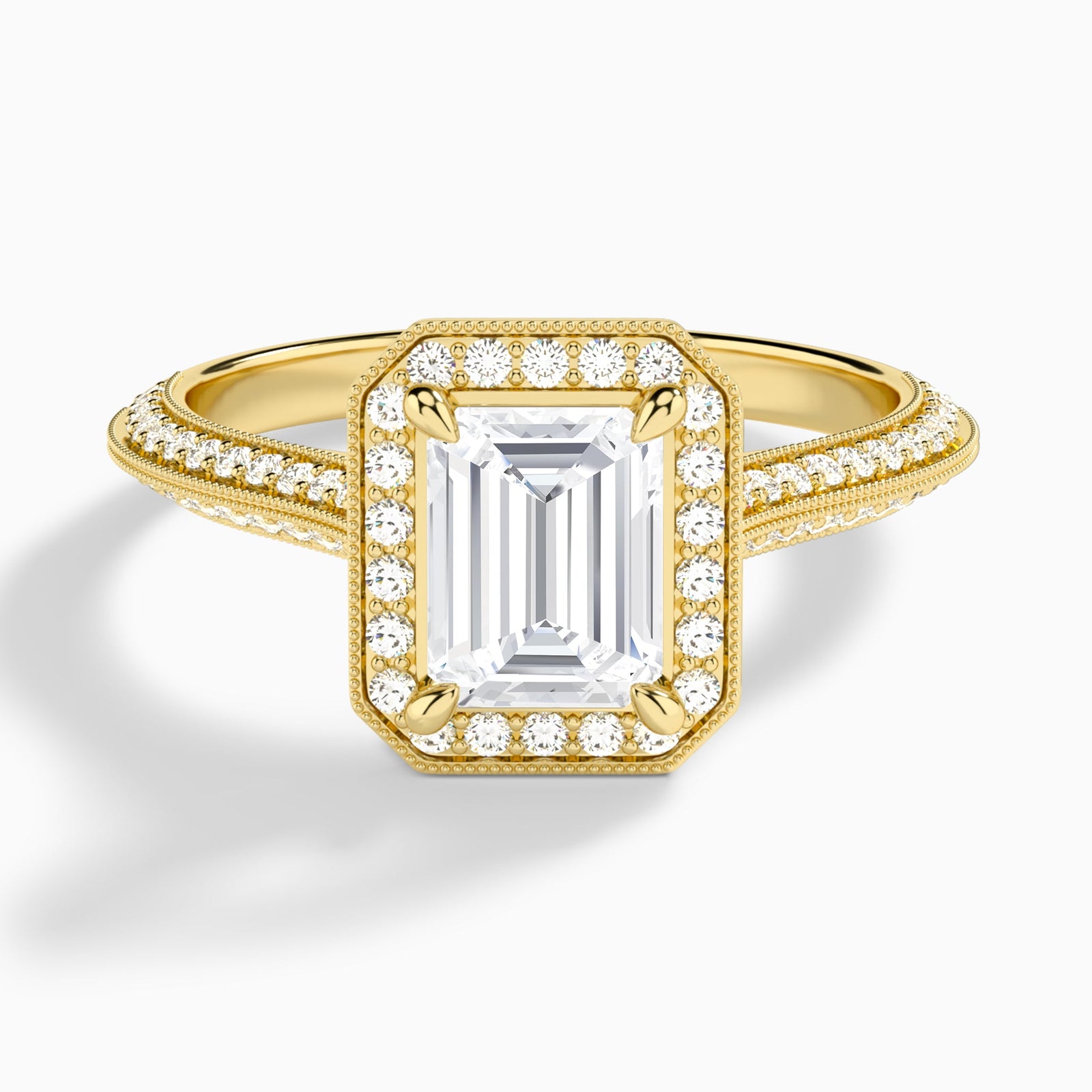 Emerald Luxe Octagon Knife Edge Halo Lab Diamond Engagement Ring In 18K Yellow Gold - Lucenjuri