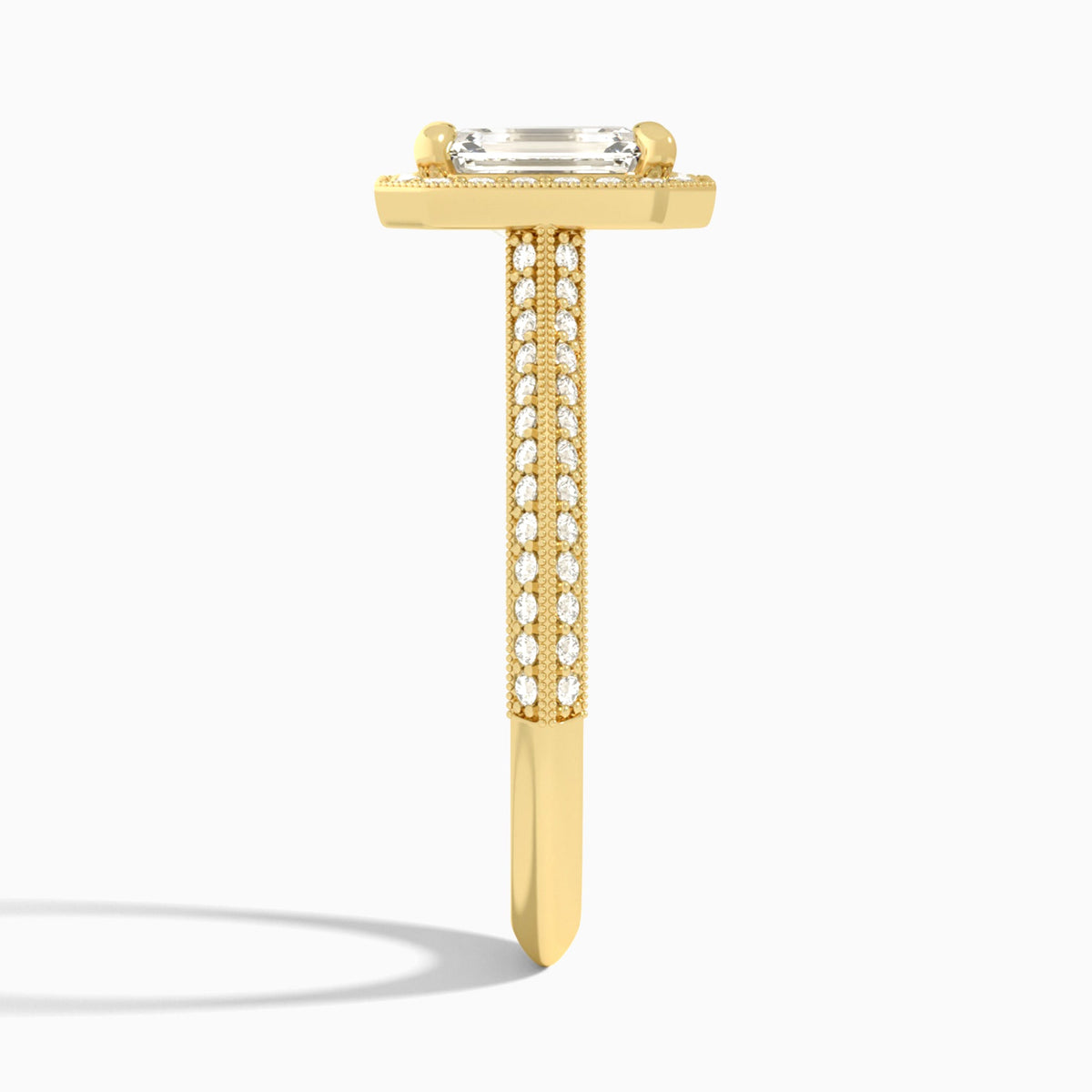 Emerald Luxe Octagon Knife Edge Halo Lab Diamond Engagement Ring In 18K Yellow Gold, Side View