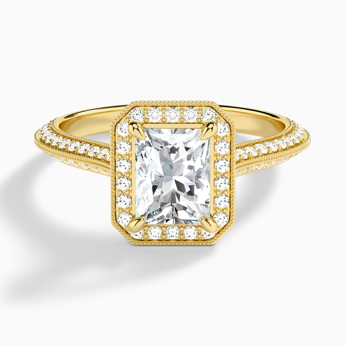 Radiant Luxe Octagon Knife Edge Halo Lab Diamond Engagement Ring In 18K Yellow Gold - Lucenjuri