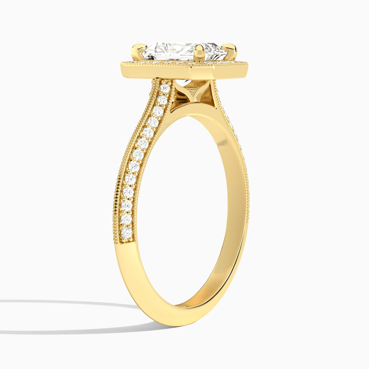 Radiant Luxe Octagon Knife Edge Halo Lab Diamond Engagement Ring In 18K Yellow Gold, Angle View