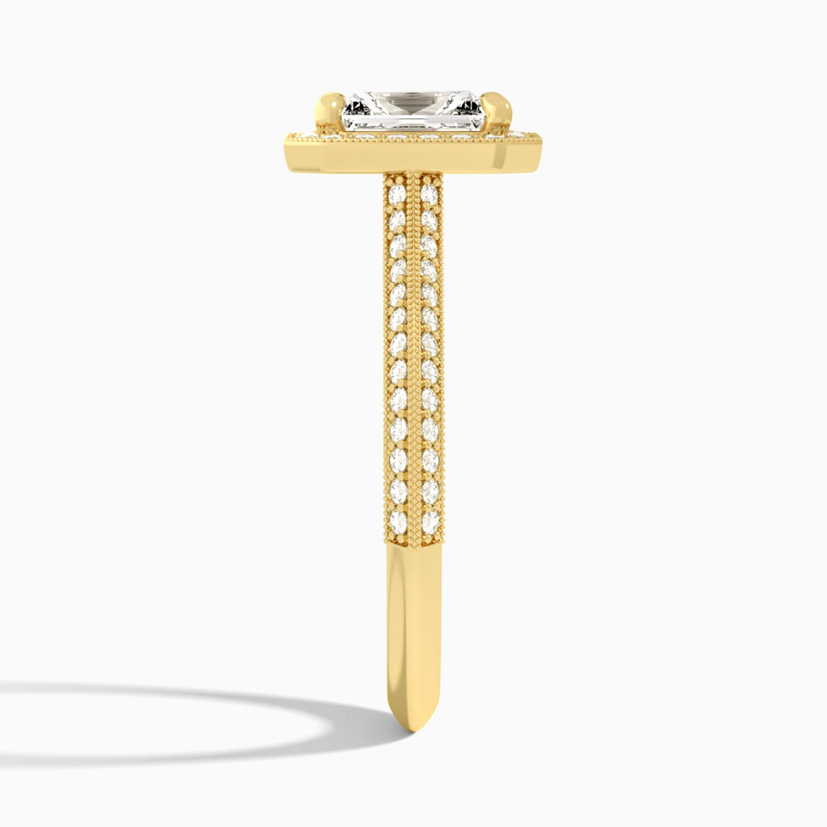 Radiant Luxe Octagon Knife Edge Halo Lab Diamond Engagement Ring In 18K Yellow Gold, Side View
