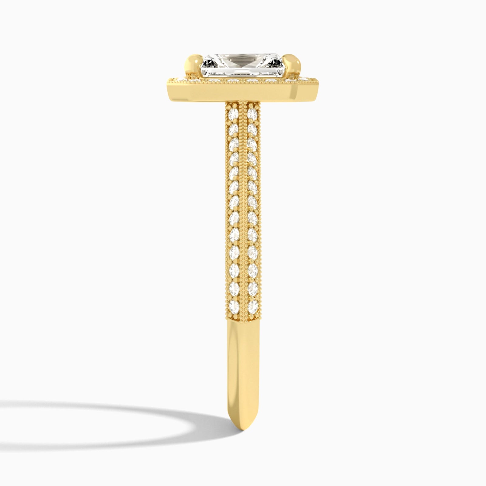 Radiant Luxe Octagon Knife Edge Halo Lab Diamond Engagement Ring In 14K Yellow Gold, Side View