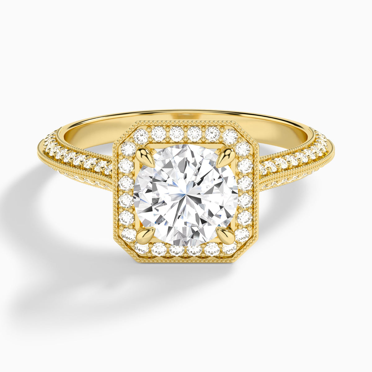 Round Luxe Octagon Knife Edge Halo Lab Diamond Engagement Ring In 18K Yellow Gold - Lucenjuri