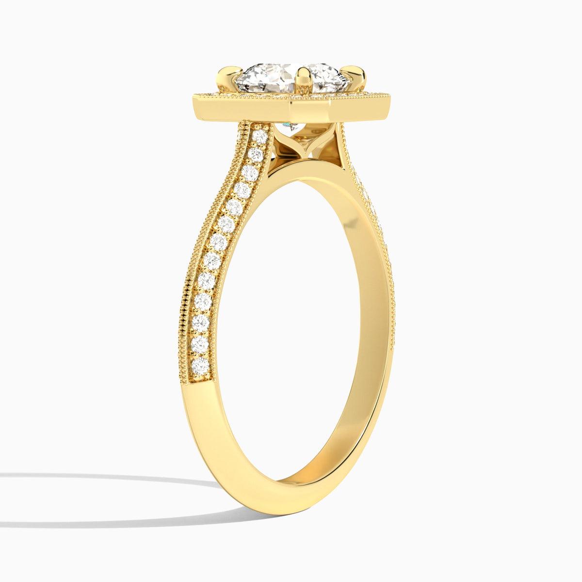 Round Luxe Octagon Knife Edge Halo Lab Diamond Engagement Ring In 18K Yellow Gold, Angle View