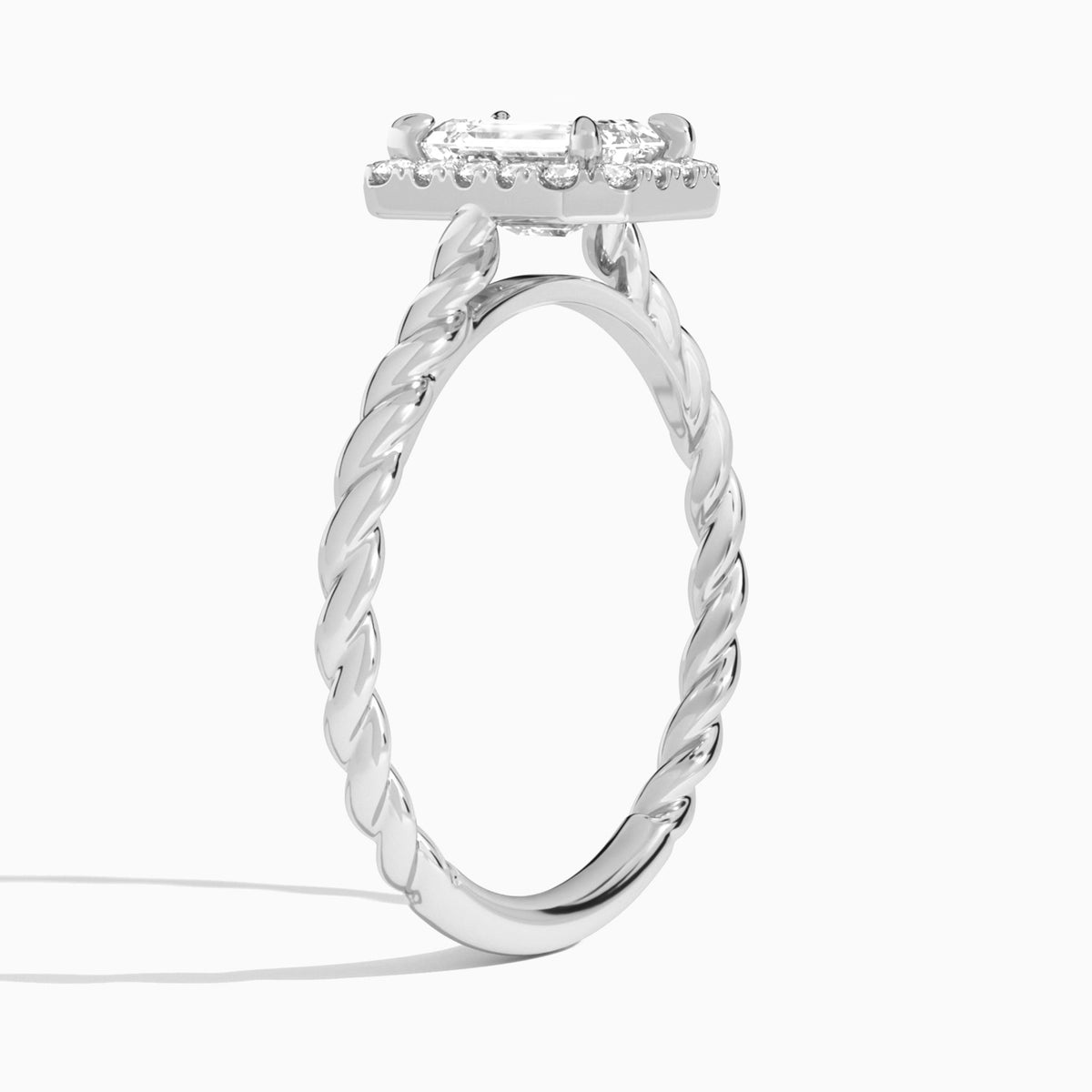 Emerald Halo Cabled Lab Grown Diamond Engagement Ring In Platinum, Angle View