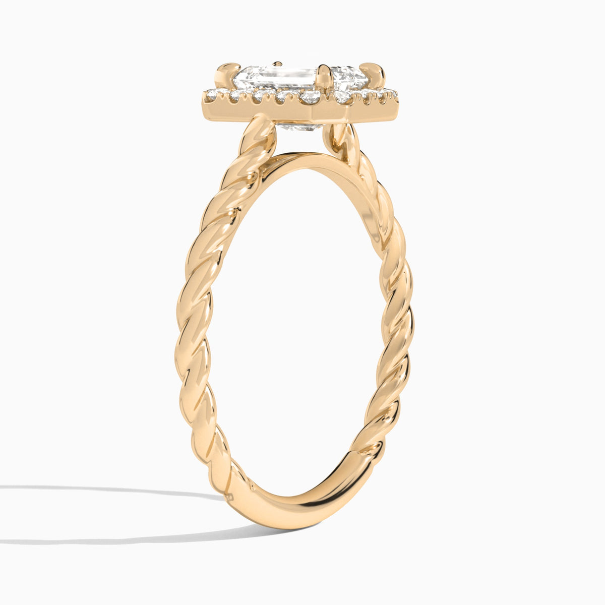 Emerald Halo Cabled Lab Grown Diamond Engagement Ring In 14K Rose Gold, Angle View