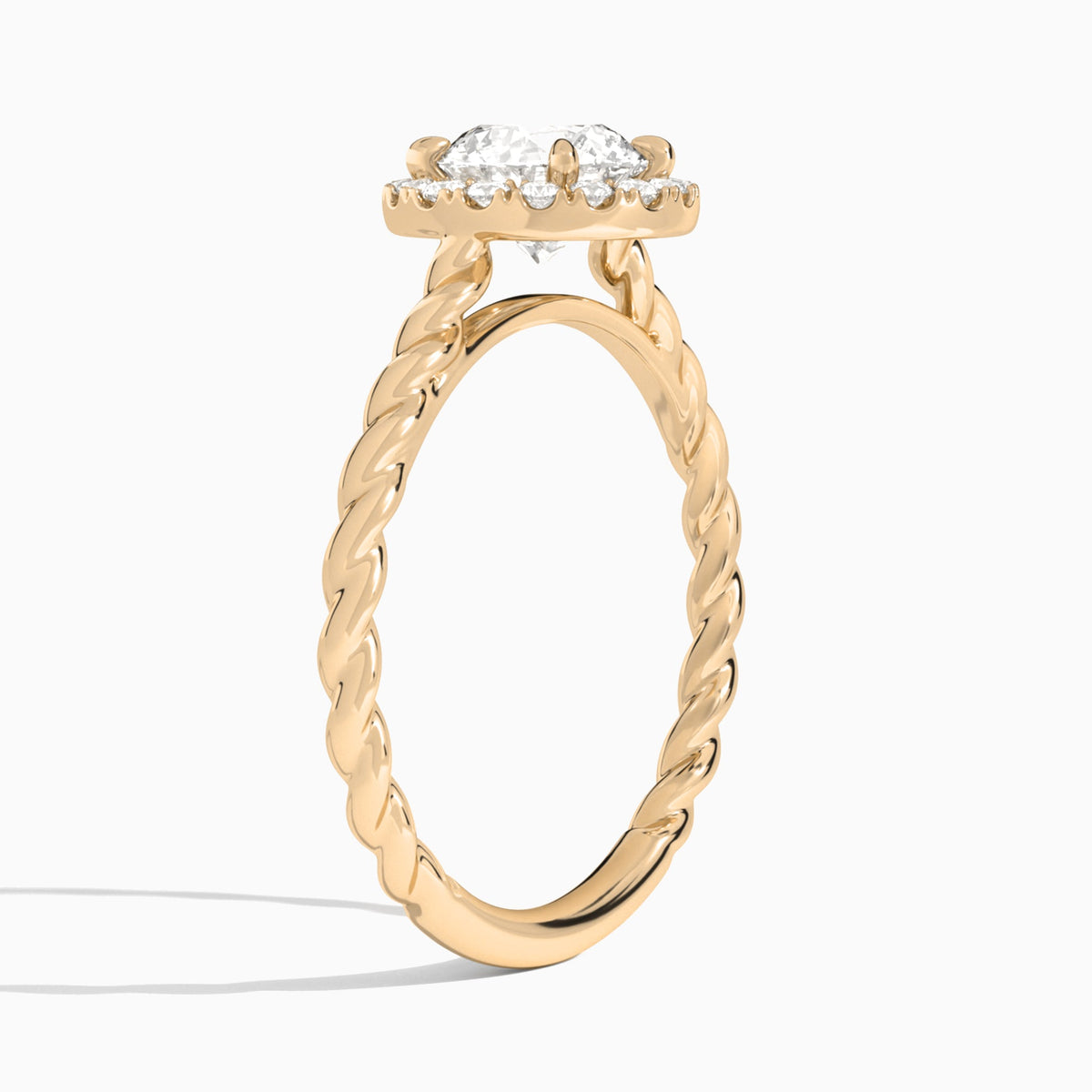 Round Halo Cabled Lab Grown Diamond Engagement Ring In 14K Rose Gold, Angle View