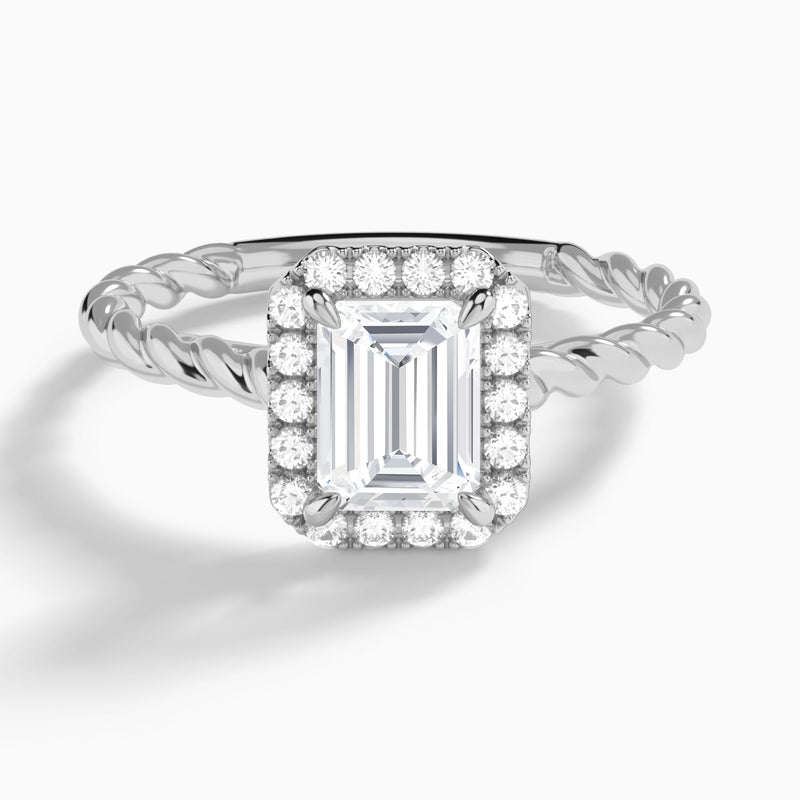 Emerald Halo Cabled Lab Grown Diamond Engagement Ring In 18K White Gold