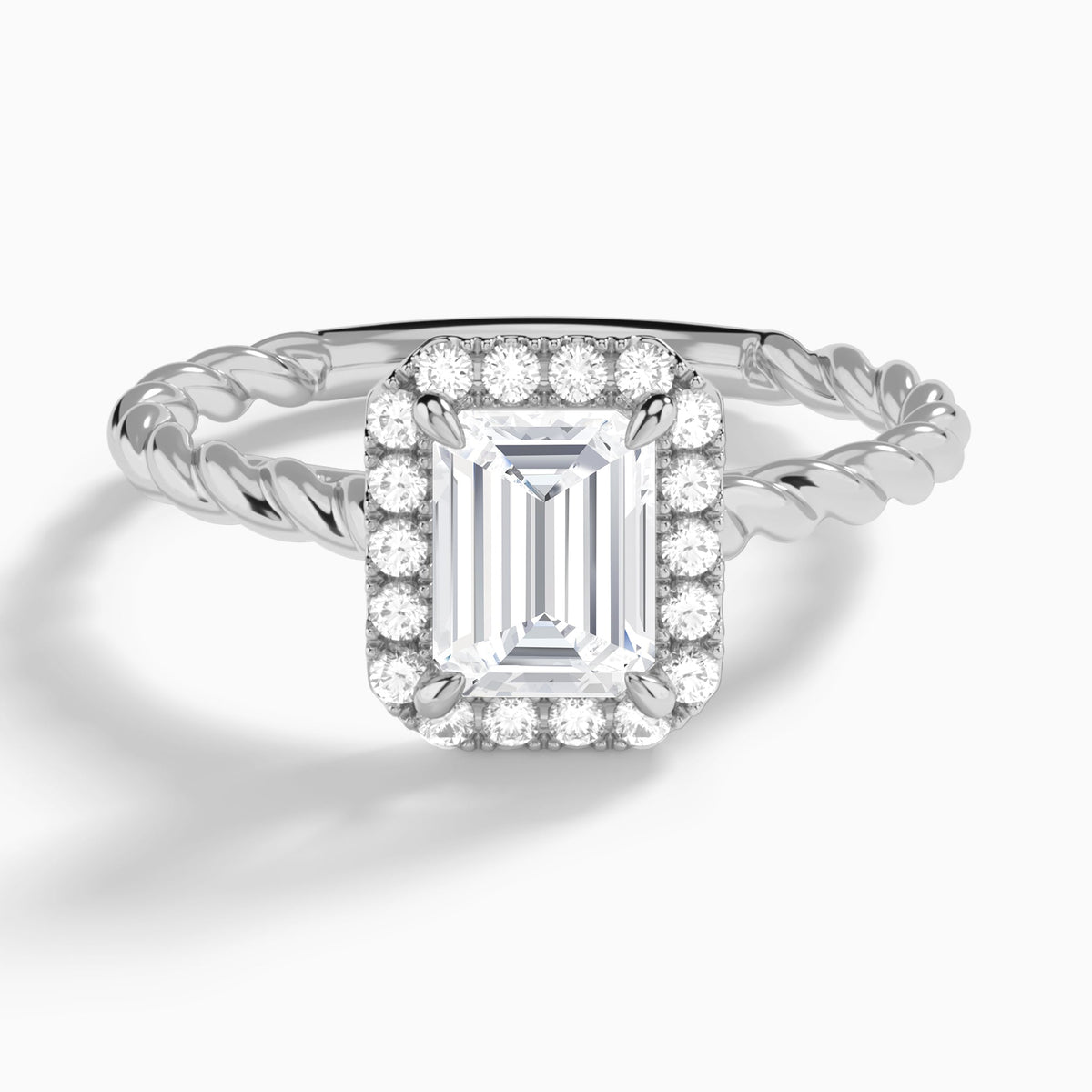Emerald Halo Cabled Lab Grown Diamond Engagement Ring In 14K White Gold - Lucenjuri