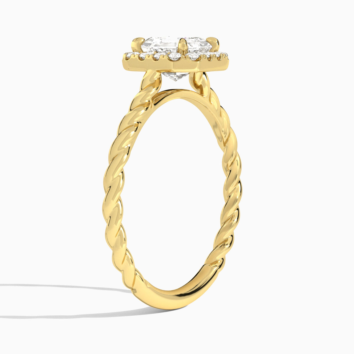 Asscher Halo Cabled Lab Grown Diamond Engagement Ring In 18K Yellow Gold, Angle View