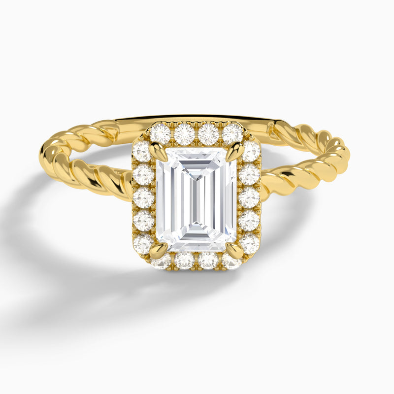 Emerald Halo Cabled Lab Grown Diamond Engagement Ring In 14K Yellow Gold - Lucenjuri