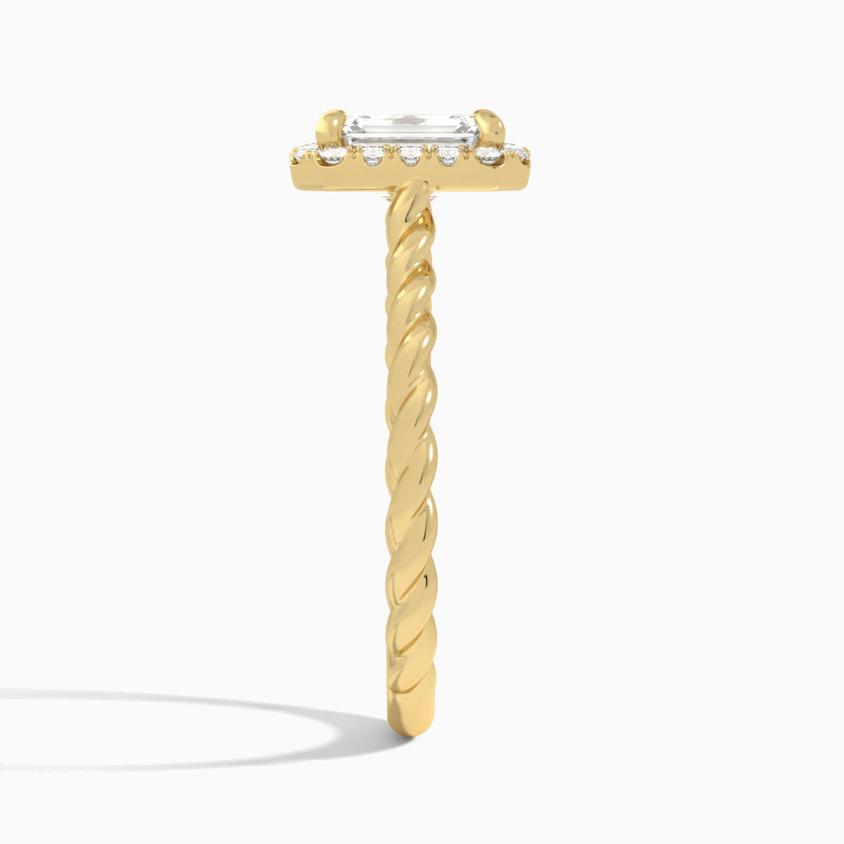 Emerald Halo Cabled Lab Grown Diamond Engagement Ring In 14K Yellow Gold, Side View