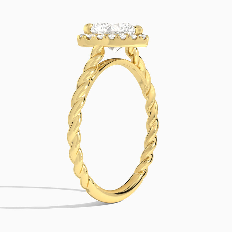 Heart Halo Cabled Lab Grown Diamond Engagement Ring In 18K Yellow Gold, Angle View