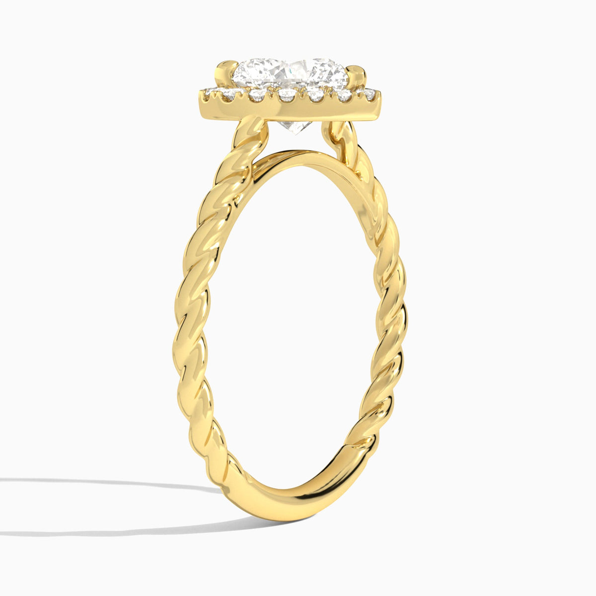 Heart Halo Cabled Lab Grown Diamond Engagement Ring In 14K Yellow Gold, Angle View