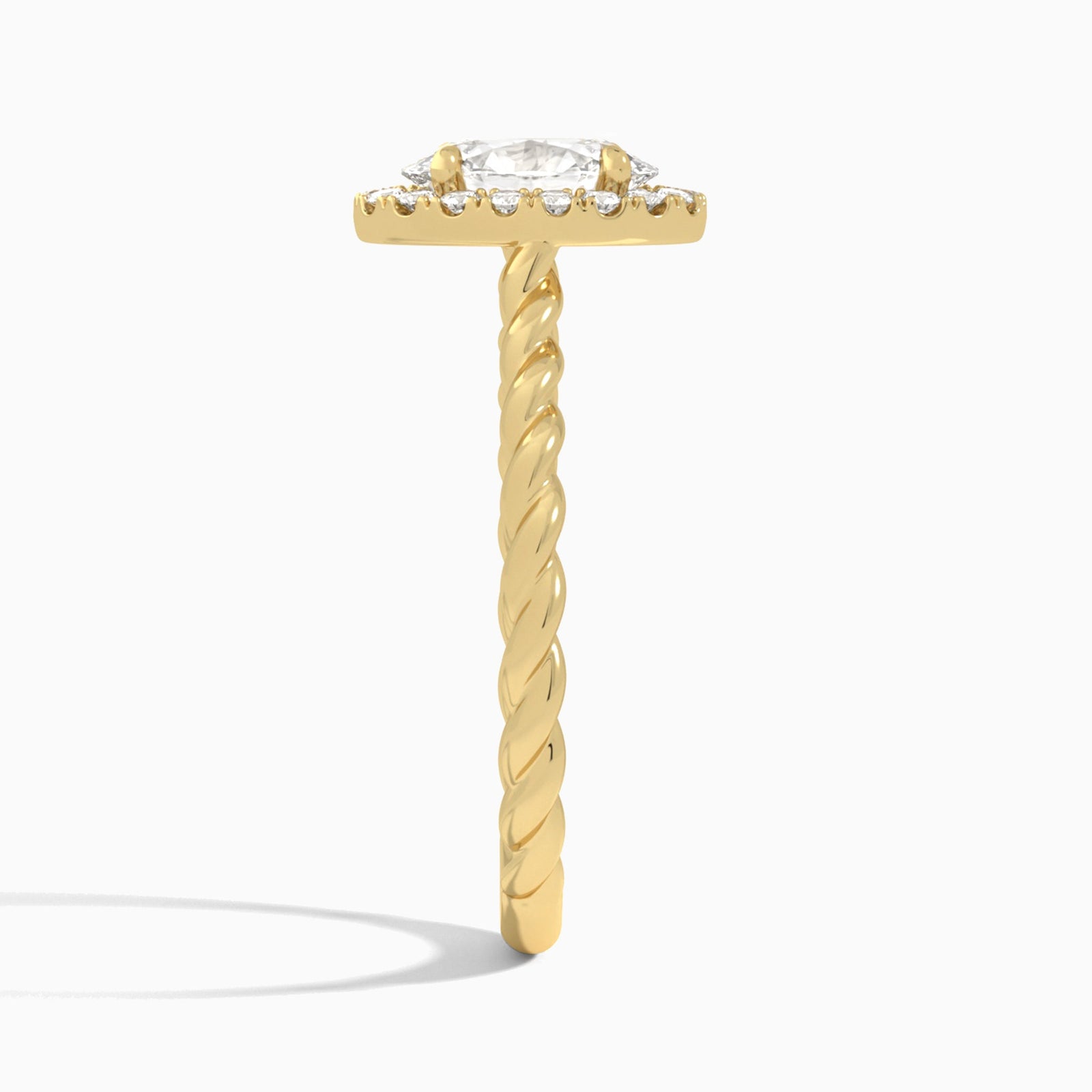 Oval Halo Cabled Lab Grown Diamond Engagement Ring In 14K Yellow Gold, Side View
