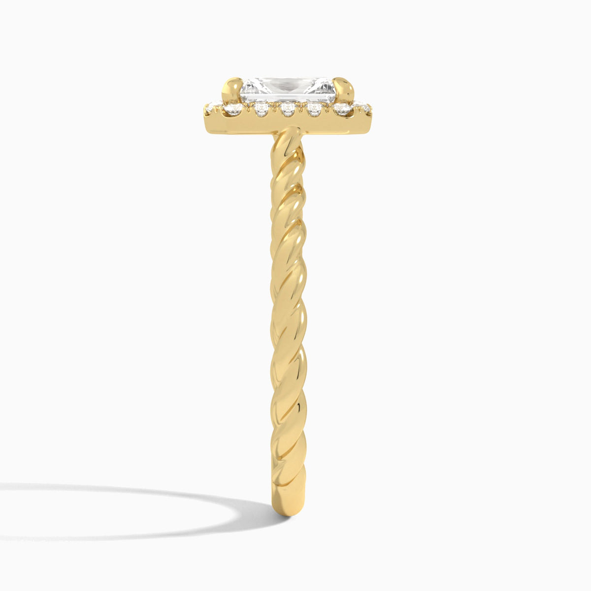 Radiant Halo Cabled Lab Grown Diamond Engagement Ring In 18K Yellow Gold, Side View