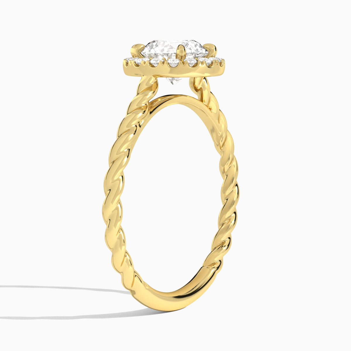 Round Halo Cabled Lab Grown Diamond Engagement Ring In 18K Yellow Gold, Angle View