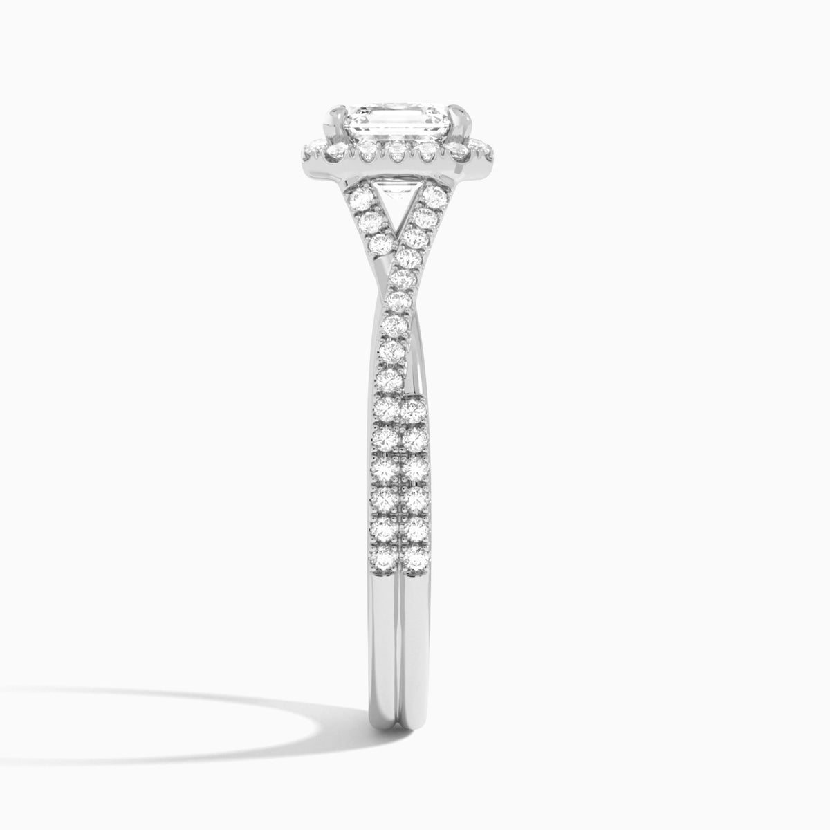 Asscher Luxe Halo And Twisted Shank Lab Diamond Engagement Ring In Platinum, Side View