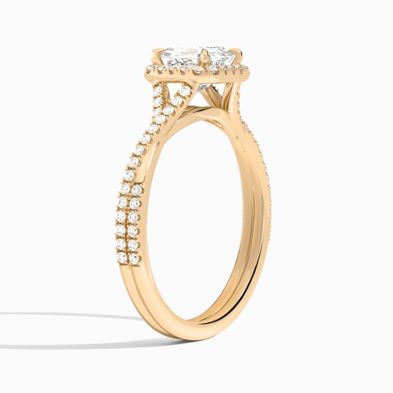 Asscher Luxe Halo And Twisted Shank Lab Diamond Engagement Ring In 14K Rose Gold, Angle View