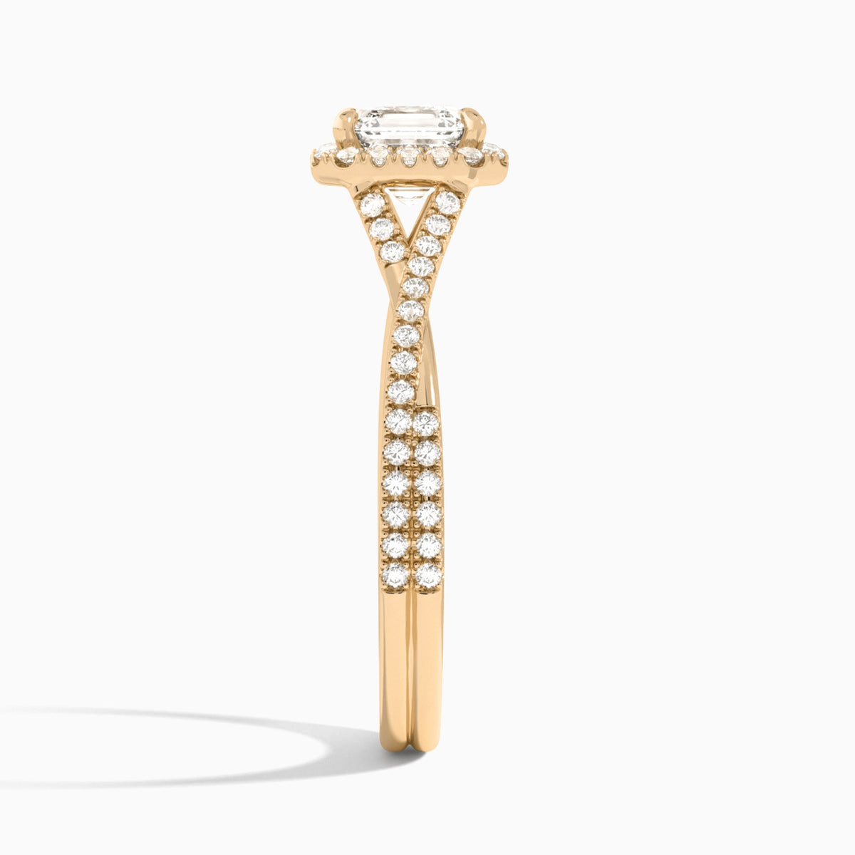 Asscher Luxe Halo And Twisted Shank Lab Diamond Engagement Ring In 14K Rose Gold, Side View